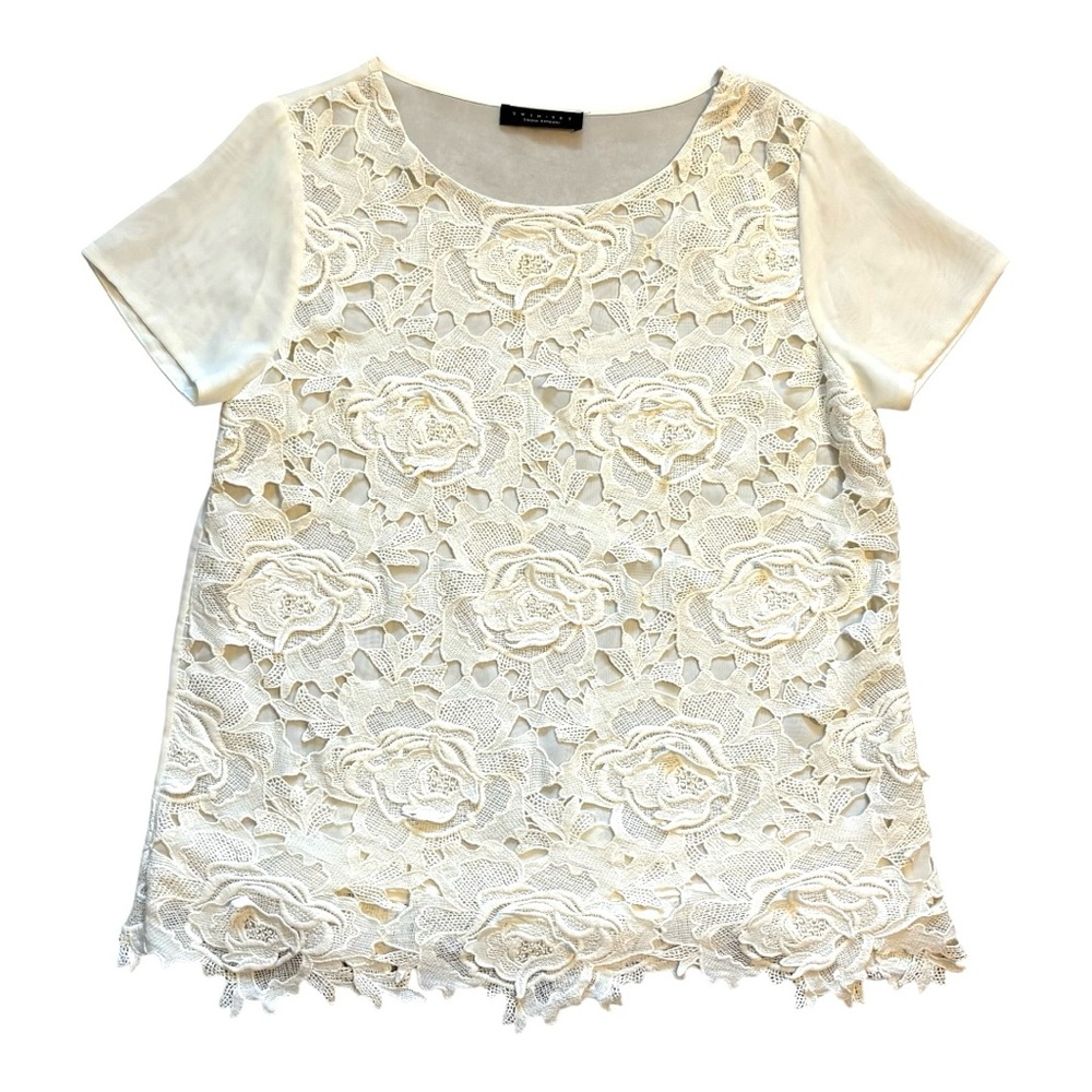 Twin-Set Cream 3D Floral Lace Overlay Short Sleeve Tunic Top Size Large